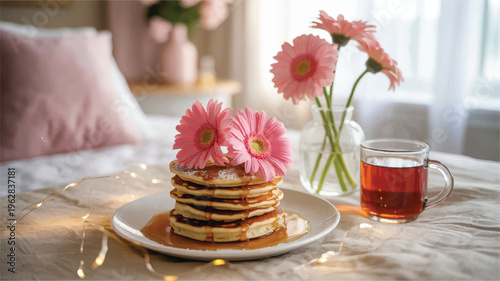 pancakes with pink flowers and a cup of tea on a bed