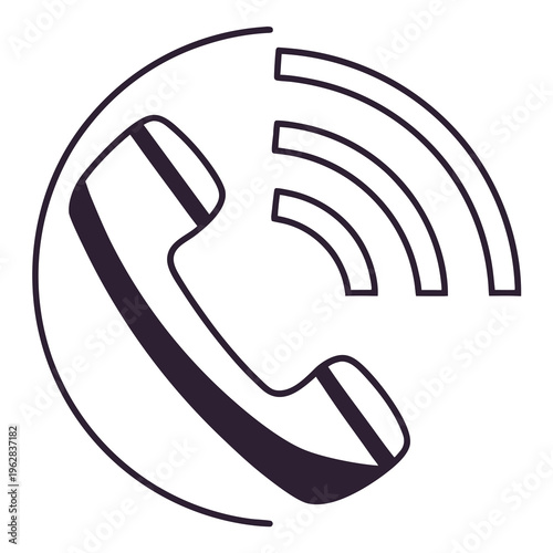 Ringing phone handset in a circle, communication icon with sound waves, simple vector outline illustration for call concept