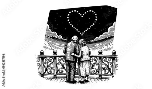 Vintage elderly couple on balcony looking at heart shaped stars black and white engraving vector illustration