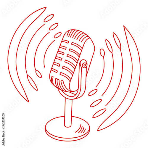 Outline illustration of retro microphone emitting sound waves, suggesting audio transmission, podcasting or live broadcast concept