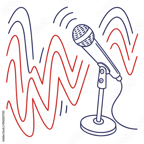 Retro microphone and sound wave graphic, illustrating audio broadcasting, podcasting, or music performance concept