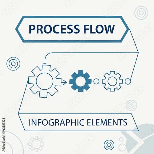Minimalist blue process flow infographic elements featuring mechanical gears and banners for industrial manufacturing workflow and technical solutions