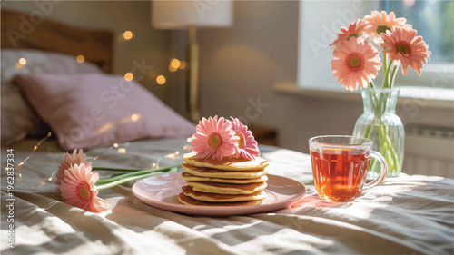 Pancakes with pink flowers and tea on a bed in a cozy bedroom