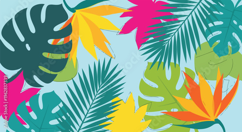 Colorful tropical leaf illustrations with a light blue background