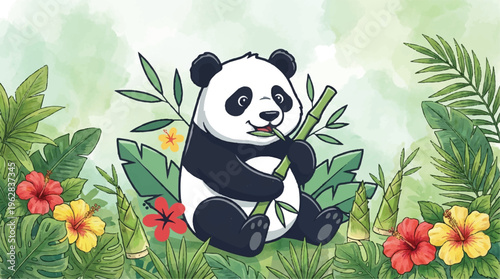 Cute panda bear eating bamboo in tropical jungle with flowers and leaves