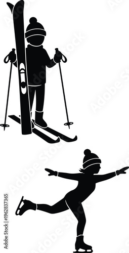 Winter sports vector silhouette collection featuring a skier and ice skater for mountain resort travel icons and seasonal activity graphics