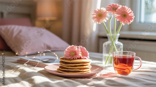 Pancakes with pink flowers tea and book on bed in morning light