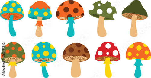 Colorful Polka Dot Mushroom Set with Various Patterns for Kids' Illustrations, Nature Designs, and Digital Media
