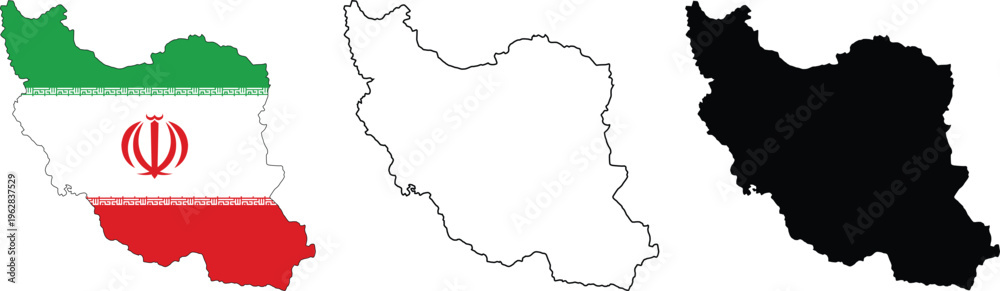 Obraz premium Set of Iran map silhouettes including national flag map, black shape, and thin line outline, vector illustration isolated on white background.