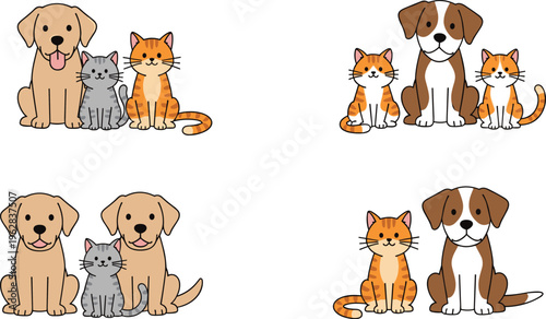 Cute Dog and Cat Pairing Set with Playful Poses for Pet Lovers, Illustrations for Kids' Designs and Digital Media