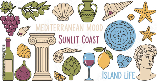 Mediterranean Coastal Greek Style Sunlit, Illustration Cartoon Collection