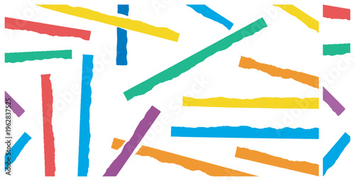 Vibrant collection of colorful ripped paper strips scattered randomly across a clean white background suggesting creative energy and dynamic abstract design elements