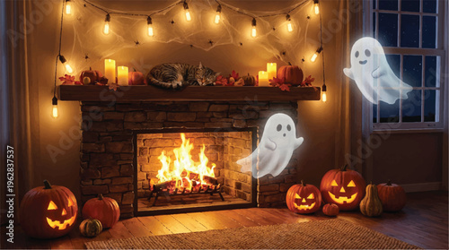 Halloween decorations with pumpkins and ghosts around a fireplace in a cozy room