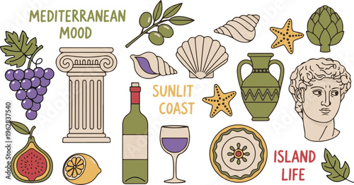 Mediterranean Coastal Greek Style Sunlit, Illustration Cartoon Collection