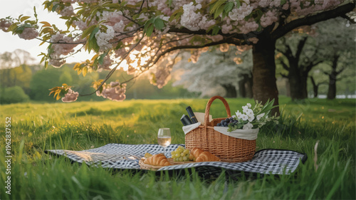 picnic setup under blooming tree with food and wine on blanket in green grass field