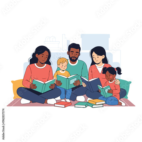Illustration of a family reading books together indoors