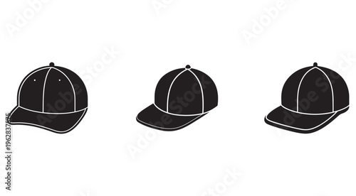 Three black baseball caps with white outlines in different positions isolated on white background