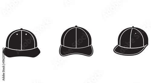 Three black baseball caps with white outlines in different views  front and side profiles  isolated on white background