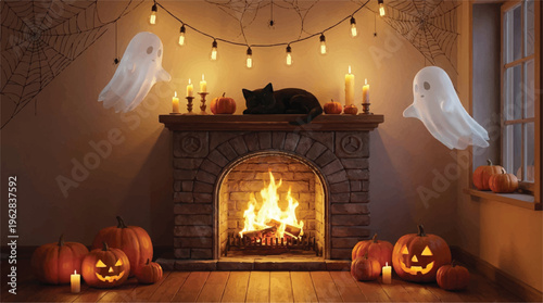 Halloween decorations with pumpkins and ghosts around a fireplace in a room