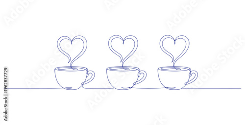 Three continuous line art coffee cups steaming with heart shapes representing warmth love and morning beverage enjoyment