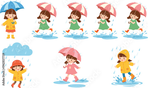 Cute Girl with Umbrella in Rainy Day Poses, Splashing in Puddles, and Wearing Raincoat for Kids' Illustrations and Digital Media Designs