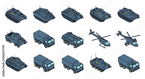 Military Transport Isometric Icon Set – AutoCAD Vehicle Silhouettes Multiview Technical Outline Collection