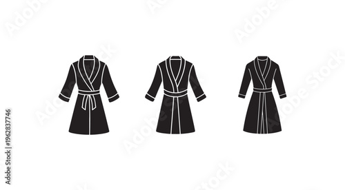 Three black bathrobe silhouettes with white outlines and belts on white background