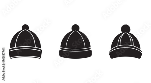 Three black beanies with white outlines and pom poms on top for winter clothing and fashion accessories  isolated on white background