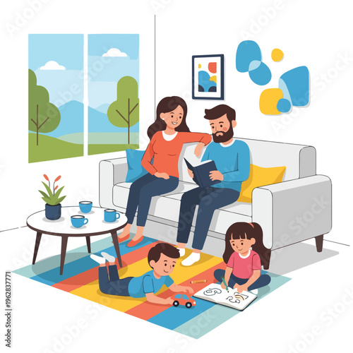 Illustration of a family relaxing together inside their living room