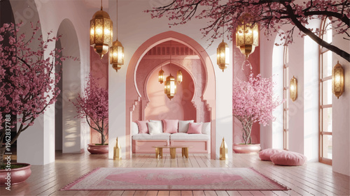 Pink and white room with archways and cherry blossom trees