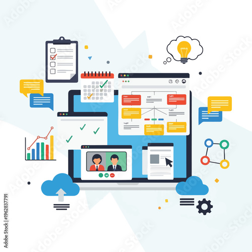 Flat illustration of a laptop screen with digital work-related elements