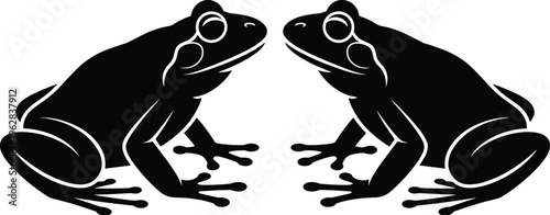 Two frog silhouettes facing each other, amphibian wildlife illustration, symmetrical animal design, nature vector concept, black frogs isolated on white background for decorative use