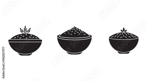 Three black bowls of cereal with leaves on top isolated on white background  bowls of cereal  cereal bowls  food icons