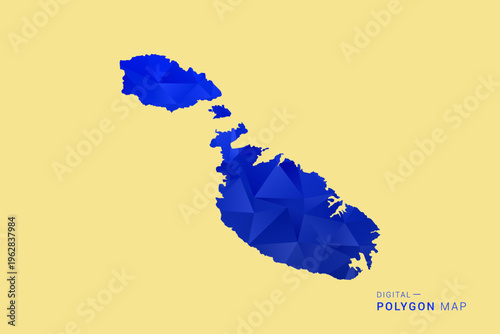 Malta Map - Low poly polygon map in deep blue gradient on soft beige background, modern minimal geometric design, clean abstract vector illustration with faceted triangulated style.