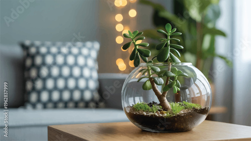 Small succulent plant in a glass terrarium on a wooden table indoors