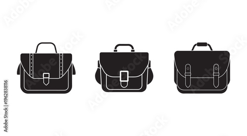 Three black briefcases with white outlines on a white background  business bags with handles and buckles