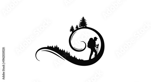 Hiker silhouette trekking through a winding mountain landscape path creates a scenic outdoor adventure concept suitable for travel branding and nature lifestyle marketing themes and designs.
