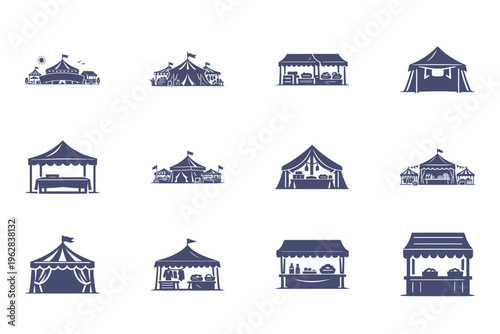 set of blue tent and gazebo icons on white background