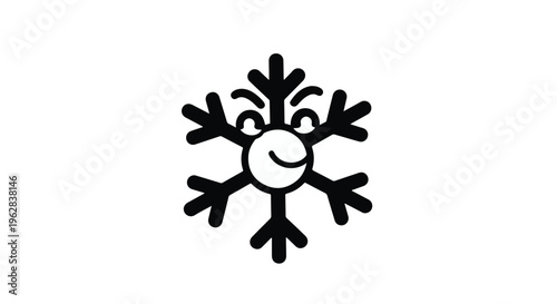 Snowflake character features a cheerful face with a friendly smile and expressive eyes to represent the joy of winter weather and seasonal holiday celebrations in a minimalist vector design.
