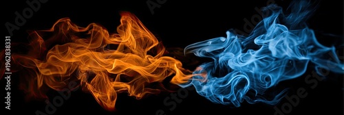 Abstract swirling orange and blue flames against a black background