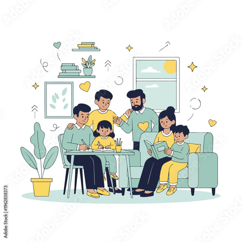 Illustration of a family scene with diverse people and activities