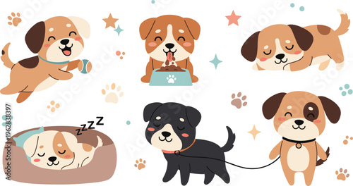 Cute puppies daily activities vector set with playing, eating, sleeping and walking dogs, adorable pet cartoon illustration collection