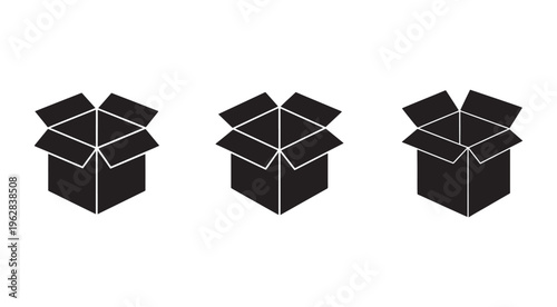 Three black cardboard boxes with lids open in different positions on white background for packaging or storage concepts