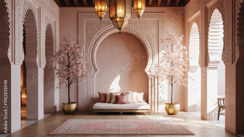 Traditional Moroccan interior with ornate archways and pink flowers