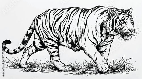 tiger walking on grass with tail curled down