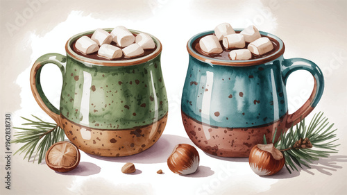 Two colorful ceramic mugs of hot chocolate with marshmallows and hazelnuts