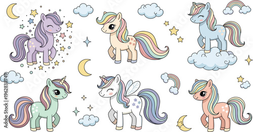 Cute unicorn characters vector set with pastel colors, stars, clouds and rainbow elements, magical fantasy cartoon illustration collection