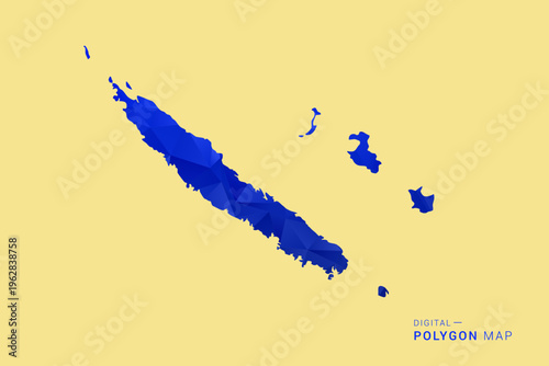 New Caledonia Map - Low poly polygon map in deep blue gradient on soft beige background, modern minimal geometric design, clean abstract vector illustration with faceted triangulated style.