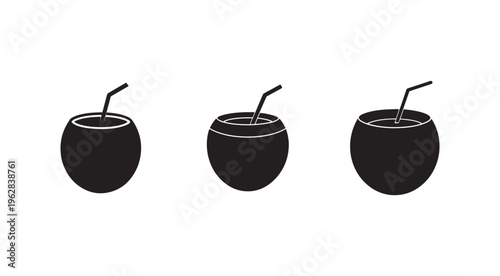 Three black coconuts with straws side by side on white background  tropical drink icons
