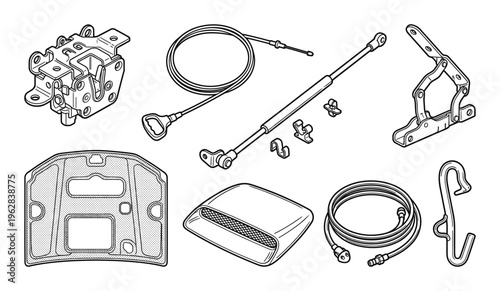 Automotive body parts and accessories line art, engine hood, latch, and strut vector set isolated